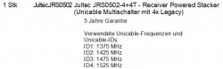 Auszug Auftrag / Lieferschein / Rechnung Jultec JRS0502-4+4T Erklaerung Unicable-Frequenzen