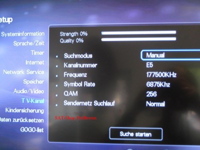 Antennenmenu für DVB-C (&amp;quot;Manual&amp;quot; Einstellung - hier kann z.B. auch die QUAM verstellt werden/ Mögliche Einstellungen dafür sind: 16, 32, 64, 128, 256)