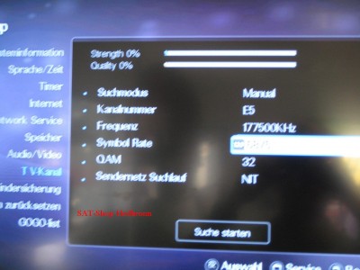 Antennenmenu für DVB-C (&amp;quot;Symbol Rate&amp;quot; kann auch manuell eingestellt werden)