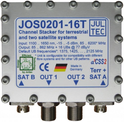 Der Einkabelumsetzer „JOS0201-16T“ setzt zwei per Glasfaser herangeführte Satellitensysteme auf 16 Userbänder um<br />(Abbildung zeigt eine Prototypen Entwicklung mit einem anderen Gehäuse als es später in der Auslieferung sein wird)