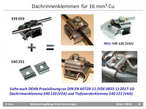 Dachrinnenklemme aus V2A für 16 mm² Kupferdraht und 10 mm Runddraht an NIRO-Erdspieße nach Klasse N = 50 kA, bedingt aauch Klasse H