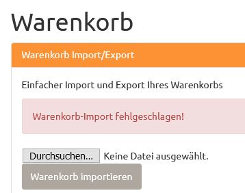 Fehlermeldung Warenkorb-Import