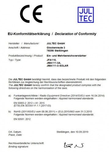 Jultec JMA111-3, JMA111-3-Solar, JFA110 Konf-Bestätigung