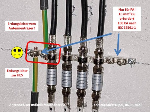 Nicht normkonforme Verbindung eines Antennen-Erdungsleiters aus 16 mm² Cu mittels Erdblock ungeprüfter Blitzstromtragfähigkeit