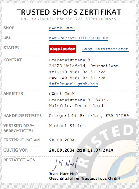 Abgelaufen: Das Trusted-Shops-Zertifikat von e-Werk<br />Bild: Screenshot