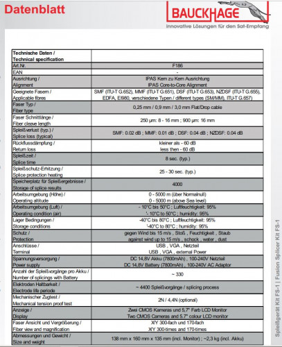 Technische Daten Bauckhage Kit FS-1 LWL/Lichtwellenleiter Spleißgerät Fusion Kit