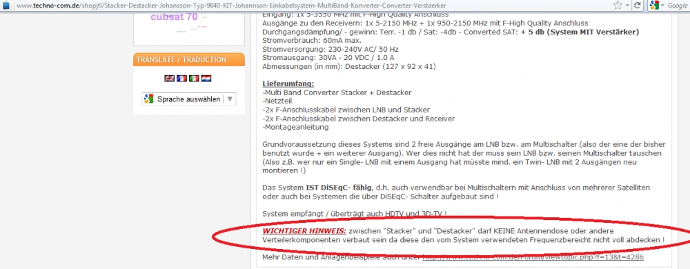 Shop-Produktbeschreibung Stacker-Destacker System mit &quot;wichtiger Hinweis&quot;