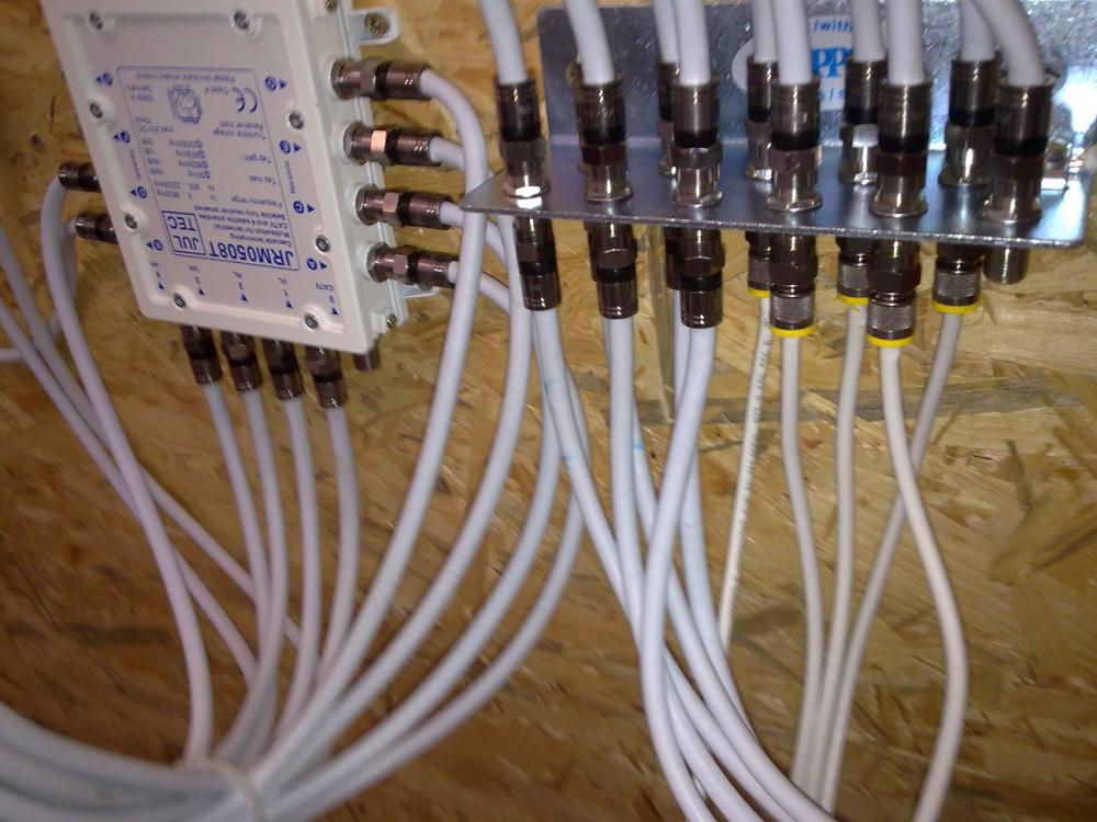 Jultec JRM0508T (5/8 Multischalter) incl. Potentialausgleich - alle 4 kommenden Kabel vom Quattro-LNB und alle vom Multischalter abgehenden Kabel zu den Teilnehmern wurden über den Erdungsblock geführt