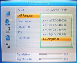 Unicable-Menu Satreceiver Einstellungen