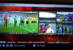 Mit der Sky HD Fan Zone wurden am Samstag fünf Spiele gleichzeitig übertragen. Der gelbe Rahmen markiert die aktuelle angwählte Begegnung.<br />Bild: Screenshot Sky HD Fan Zone